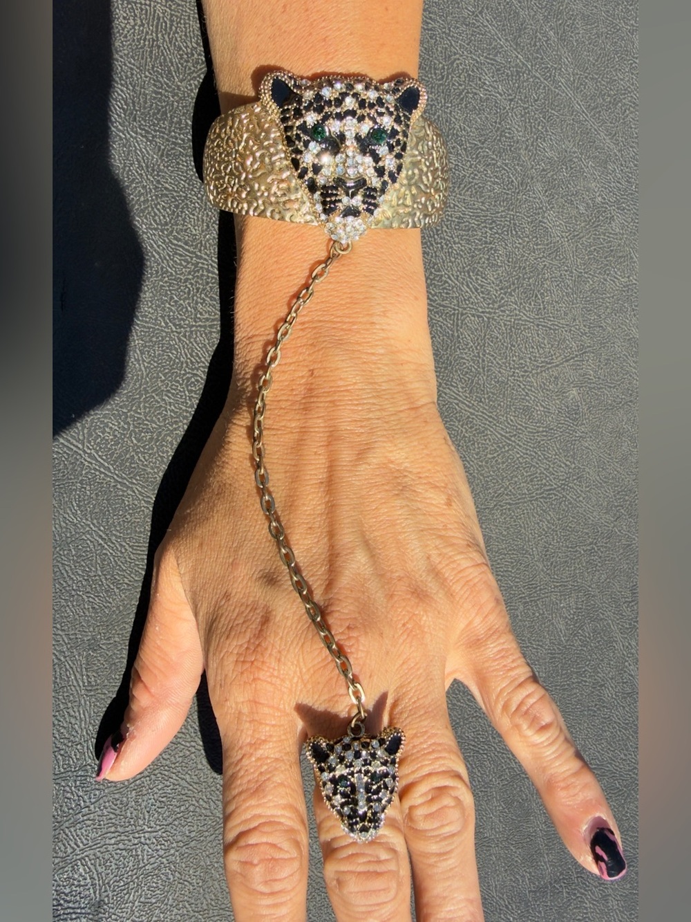 Gold Leopard Hand Chain Bracelet with Black, Green and Crystal Accents